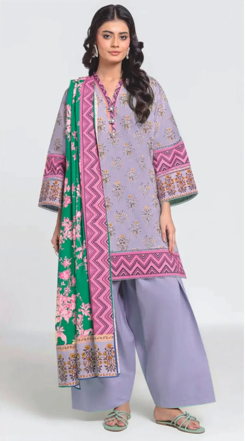 Lavender Printed 3-Piece Lawn Suit with Floral Dupatta