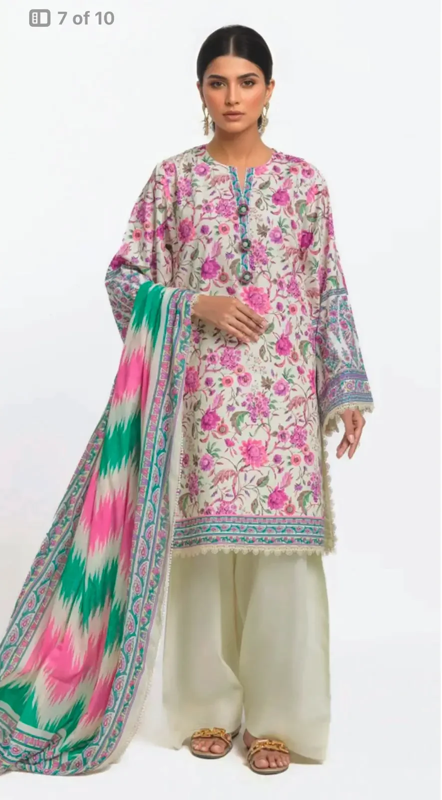 Floral Printed 3-Piece Lawn Suit with Multicolor Dupatta