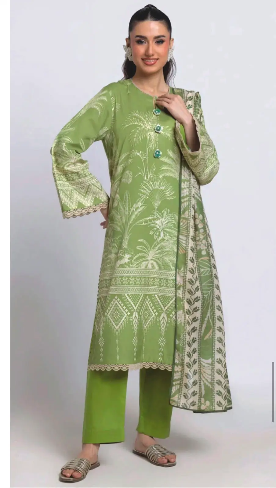 Green Printed 2-Piece Women's Suit with Printed Dupatta