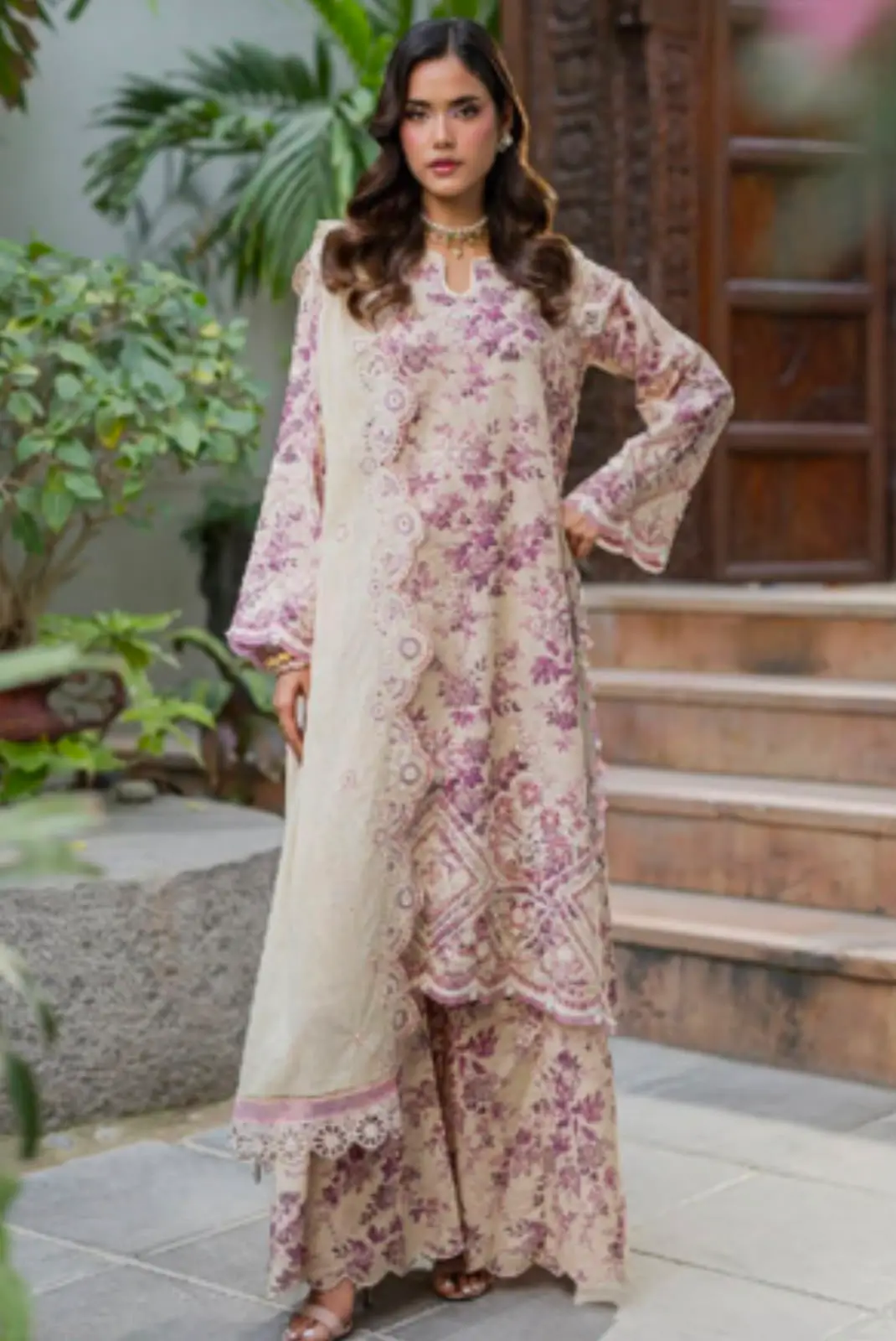 Beige Floral Printed Unstitched 3-Piece Lawn Suit